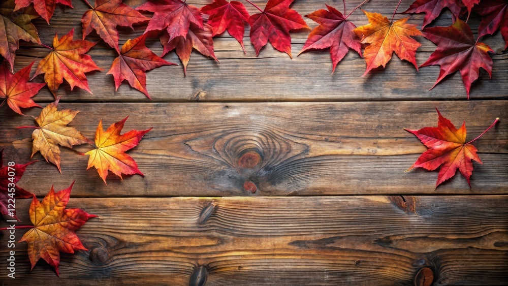 Cozy autumn scene with red maple leaves and wooden planks on a rustic table background , cozy, autumn, cozy Cozy autumn scene with red maple leaves and wooden planks on a rustic table background , cozy, autumn, cozy