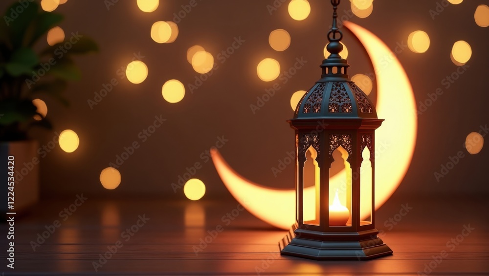 Ornamental Arabic lantern with burning candle glowing at night and glittering golden bokeh lights. Festive greeting card, invitation for Muslim holy month Ramadan Kareem. Dark background. Ornamental Arabic lantern with burning candle glowing at night and glittering golden bokeh lights. Festive greeting card, invitation for Muslim holy month Ramadan Kareem. Dark background.