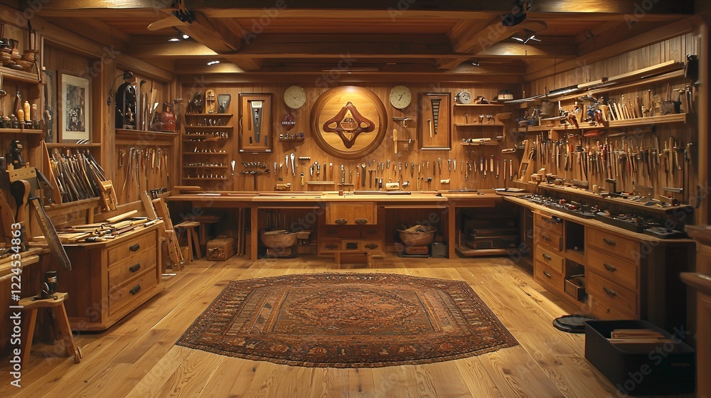 Obraz premium Craftsman's wood workshop, tools, benches, interior