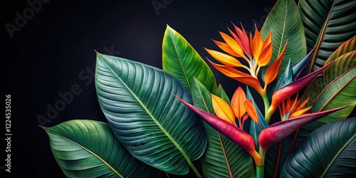 Colorful tropical leaves with intricate patterns and bird of paradise flowers against a dark, glossy black background , plant arrangement, foliage design photo