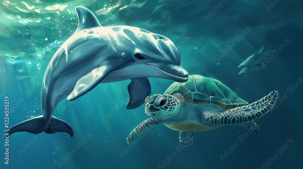 Fototapeta premium Underwater Friends: A Dolphin and Sea Turtle's Serene Encounter