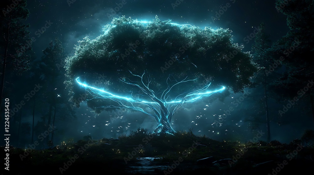 Glowing tree in dark forest, magical night scene, fantasy background, game art Glowing tree in dark forest, magical night scene, fantasy background, game art