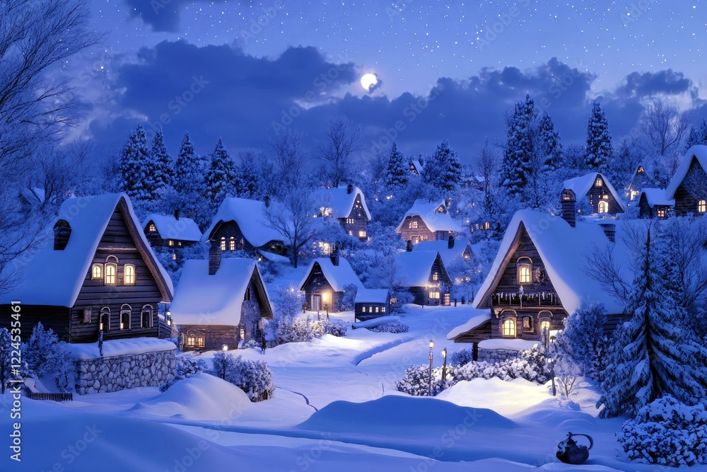 Naklejka premium Enchanting Winter Village Scene Under Starry Night Sky with Snow-Covered Houses and Warm Glowing Lights