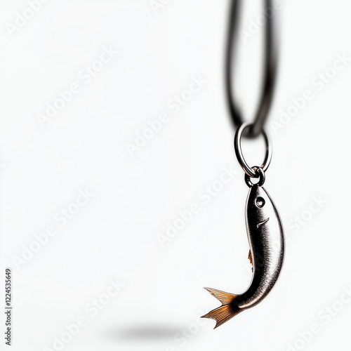 A detailed shot of a fish-shaped pendant hanging on a thin chain against a simple background, symbolizing leisure and creativity. photo