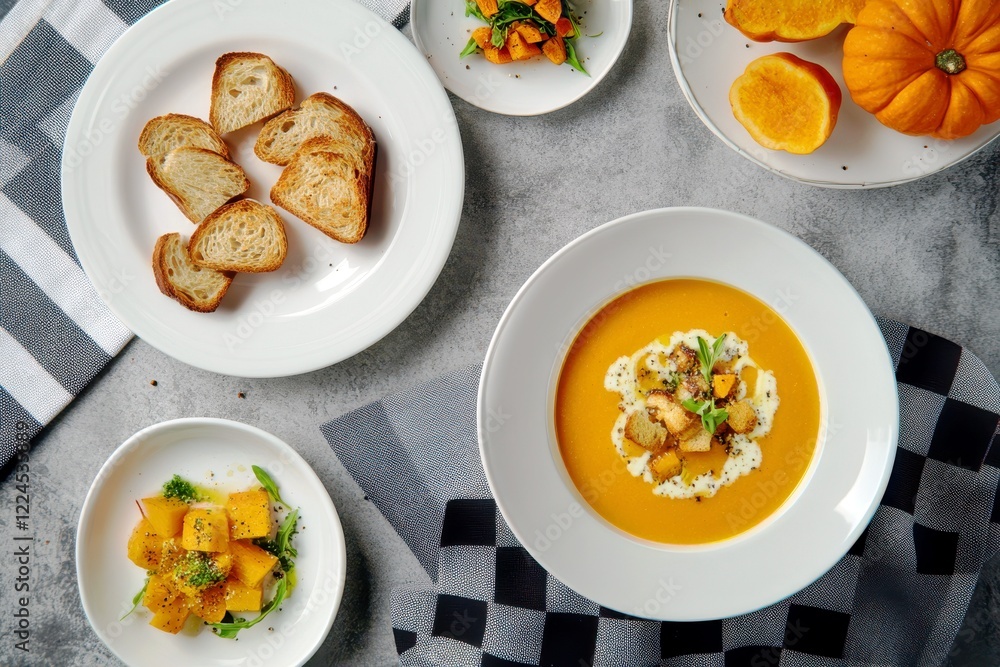 Warm and Cozy Autumn Meal Featuring Pumpkin Soup, Fresh Herbs, Crunchy Bread, and Colorful Vegetable Salads for a Seasonal Dining Experience Warm and Cozy Autumn Meal Featuring Pumpkin Soup, Fresh Herbs, Crunchy Bread, and Colorful Vegetable Salads for a Seasonal Dining Experience