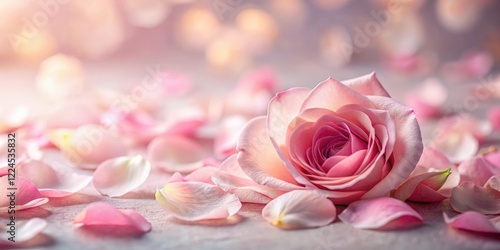 Soft focus of delicate pink rose petals scattered across a velvety soft background