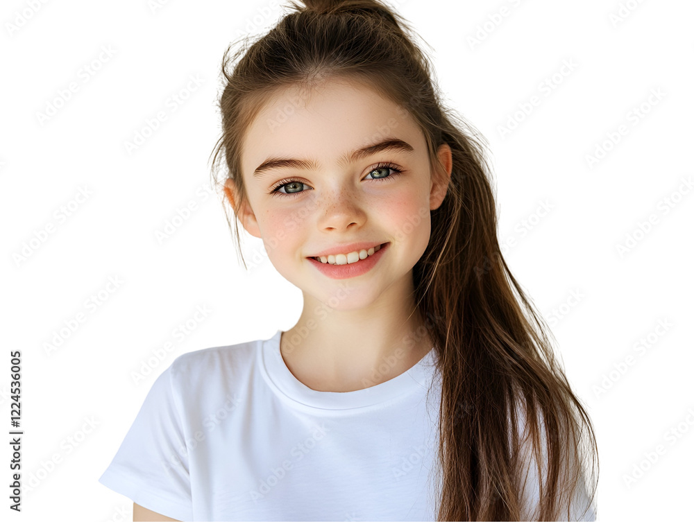 Radiant Smile, Happy Child: A charming young girl with sparkling blue eyes and a radiant smile, her long brown hair pulled back in a ponytail, exudes youthful joy and innocence. Radiant Smile, Happy Child: A charming young girl with sparkling blue eyes and a radiant smile, her long brown hair pulled back in a ponytail, exudes youthful joy and innocence.