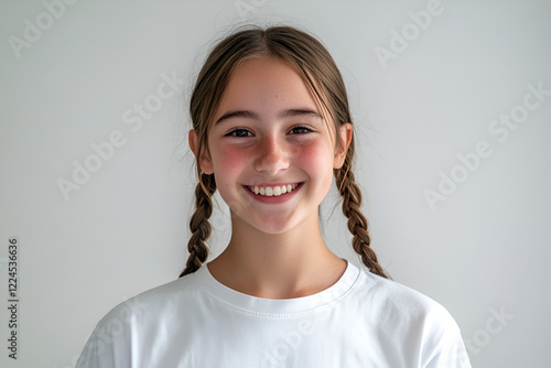 Smiling Girl Portrait: A cheerful young girl with long brown pigtails smiles radiantly at the camera, her bright eyes and genuine happiness shining through.  