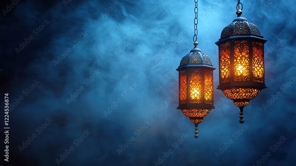 Ornate Hanging Lanterns Illuminating a Dark Smoky Blue Background Ornate Hanging Lanterns Illuminating a Dark Smoky Blue Background