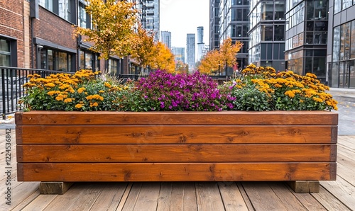 Autumn flowers in wooden planter box on city street with colorful foliage and modern buildings