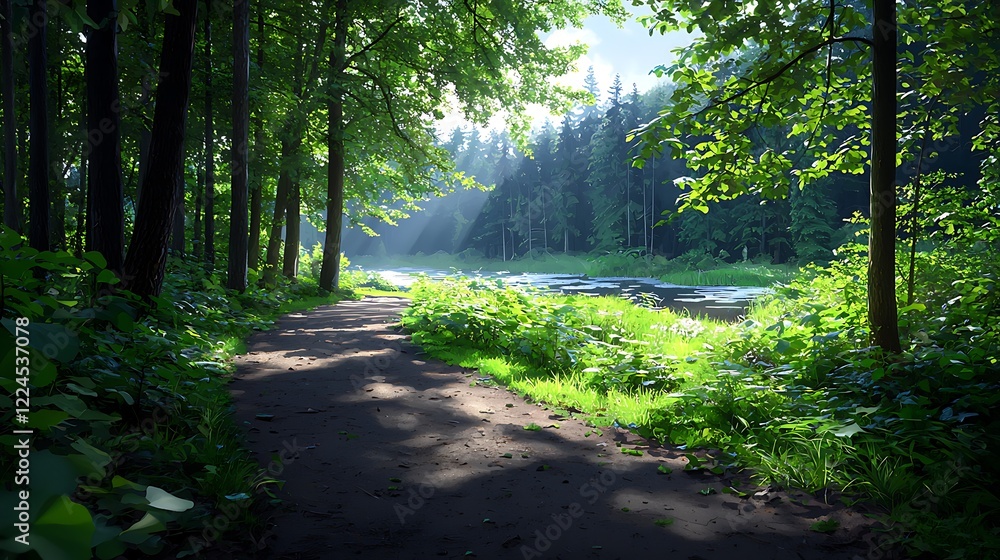 Obraz premium Sunlit Forest Path Beside a Tranquil River