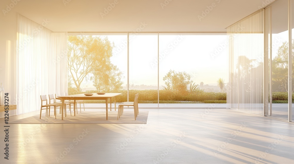 Fototapeta premium Monochromatic dining room featuring minimal decor and clean shapes, isolated on a podest with an infinite gradient background