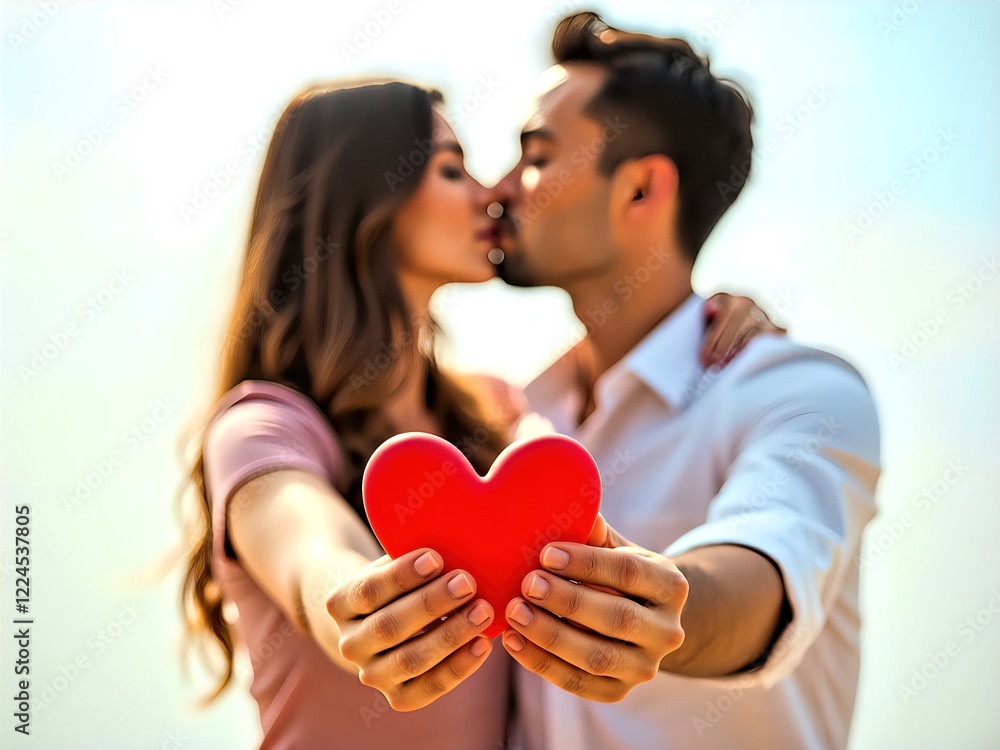Couple kisses, holding heart-shaped object together Couple kisses, holding heart-shaped object together