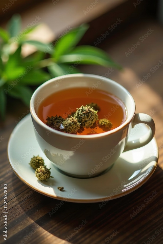 Soothing herbal tea with cannabis buds in the cup, mood booster, serenity, herbal tea Soothing herbal tea with cannabis buds in the cup, mood booster, serenity, herbal tea