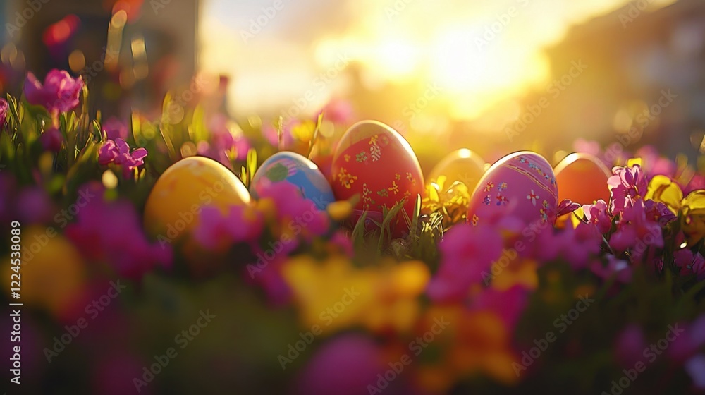 Multicolored Easter eggs nestled in a vibrant flower bed, glowing under a golden sunlit sky. Multicolored Easter eggs nestled in a vibrant flower bed, glowing under a golden sunlit sky.