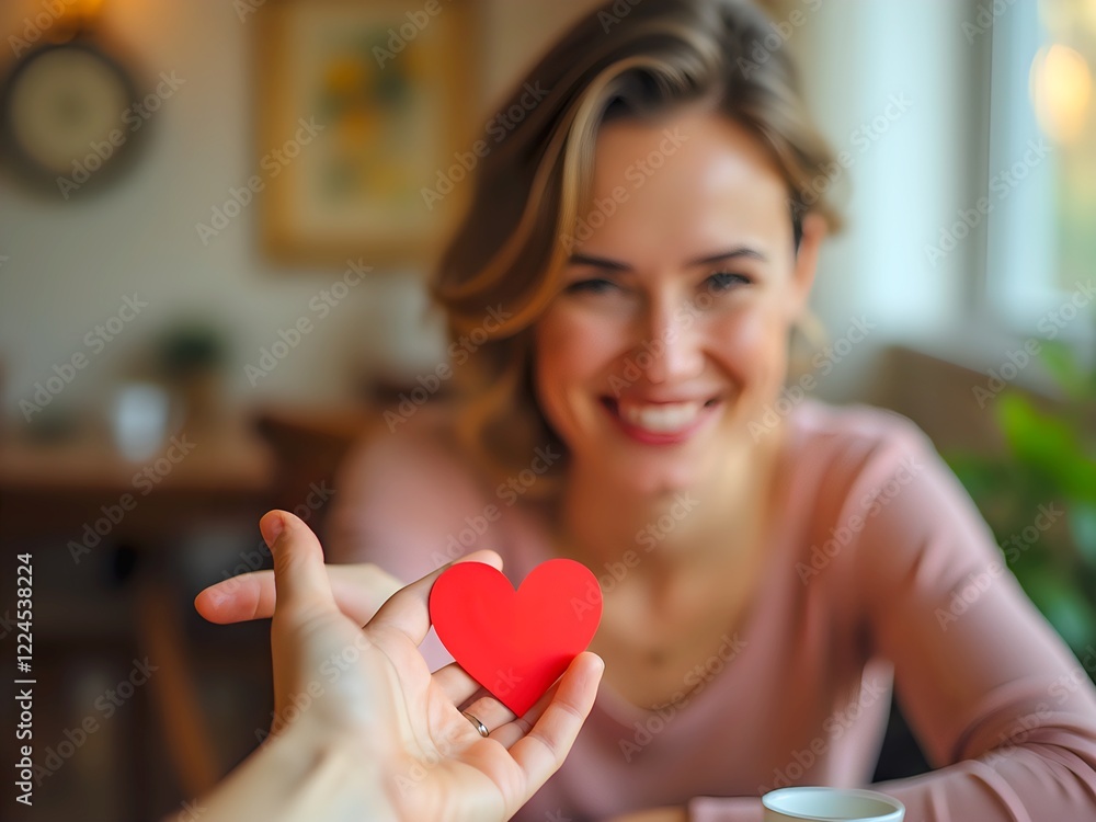 Woman with red heart, coffee, and plant
Woman with red heart, coffee, and plant