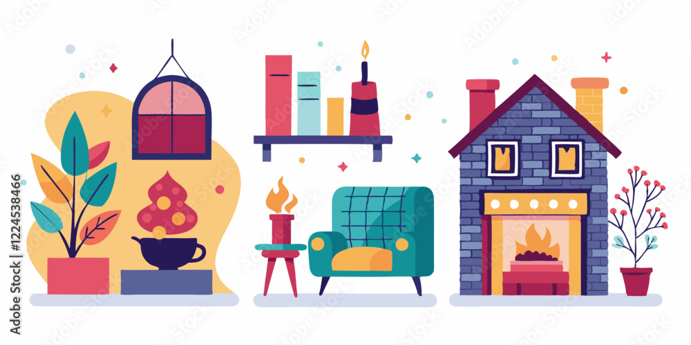 Fototapeta premium Cozy interior scenes with fireplace and modern furniture designs