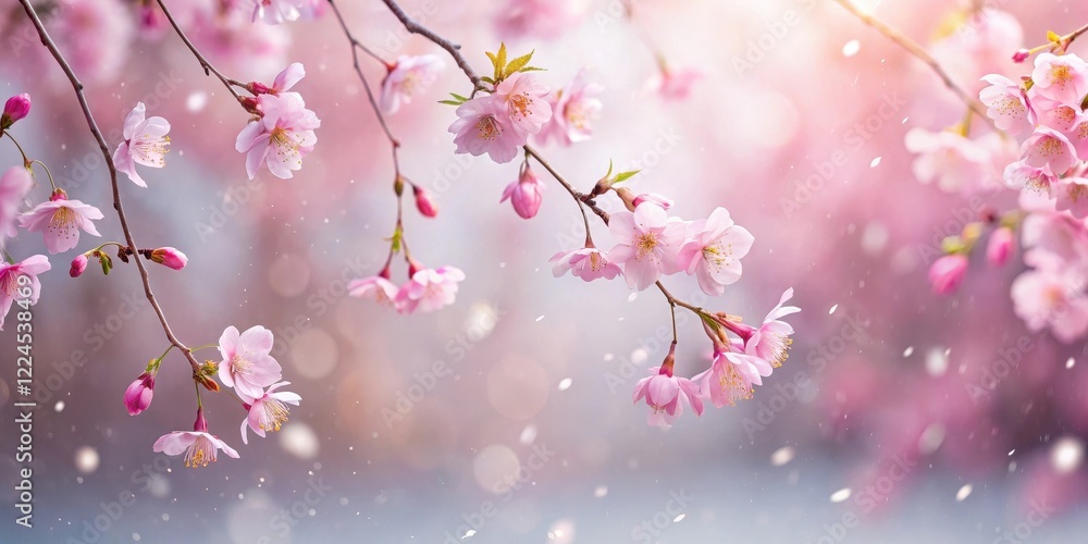 Soft pink sakura petals gently falling on a winter scene background, creating a serene and peaceful atmosphere, winter, pink sakura petals Soft pink sakura petals gently falling on a winter scene background, creating a serene and peaceful atmosphere, winter, pink sakura petals