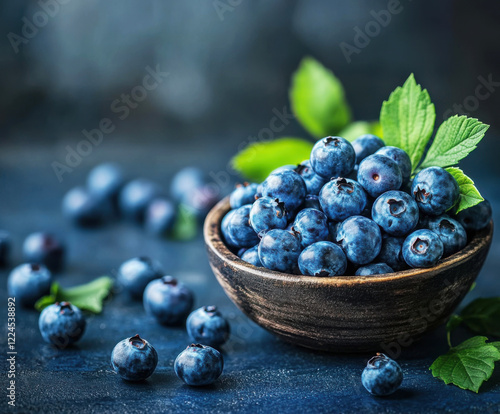 Wallpaper Mural Bowl of fresh blueberries surrounded by scattered berries on a dark surface Torontodigital.ca