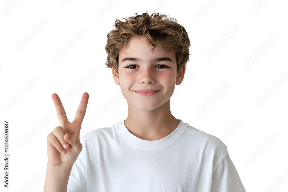Smiling Boy Victory Sign: A cheerful boy with curly light brown hair shows a peace sign, conveying a sense of positivity, innocence, and playfulness. His joyful expression is infectious. Smiling Boy Victory Sign: A cheerful boy with curly light brown hair shows a peace sign, conveying a sense of positivity, innocence, and playfulness. His joyful expression is infectious.