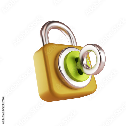 3d render illustration of 3d key and lock. Security, encryption, protection, privacy, data access. Locked 3d key.