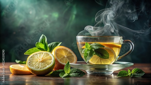 A steaming cup of green tea with a slice of lemon and sprigs of fresh mint leaves floating on its surface photo