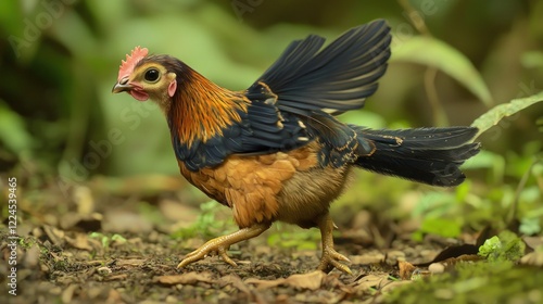 Jungle fowl walking, wings spread, rainforest background, wildlife photography photo