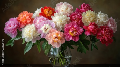 Fototapeta Naklejka Na Ścianę i Meble -  A big peony bouquet in a transparent vase, white peonies, coral peonies and pink peonies