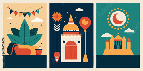 Vesak day celebration poster collection with iconic symbols and decorations