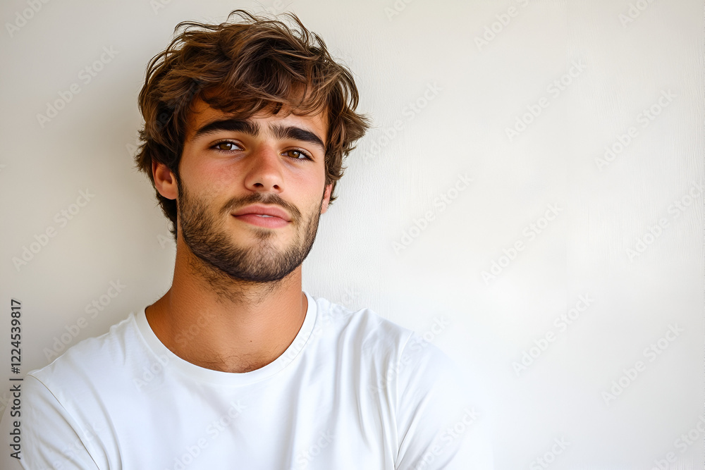 Confident Gaze: A young man with a captivating gaze and a hint of a beard, exudes confidence and poise in a simple white tee. The lighting enhances his features, creating a striking portrait. Confident Gaze: A young man with a captivating gaze and a hint of a beard, exudes confidence and poise in a simple white tee. The lighting enhances his features, creating a striking portrait.