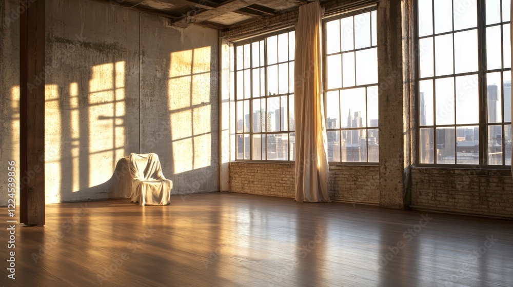Obraz premium Open loft with exposed concrete walls, sleek wooden floors, and natural light highlighting a cloth chair by the window.