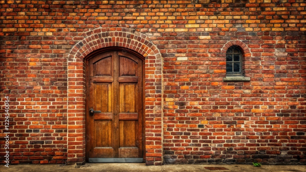 A classic red brick wall with intricate mortar patterns and a weathered stone door , warm, brick, warm, brick A classic red brick wall with intricate mortar patterns and a weathered stone door , warm, brick, warm, brick