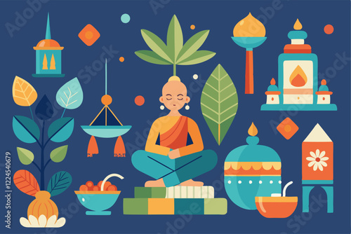 Vesak day sticker collection with meditation and decorative elements