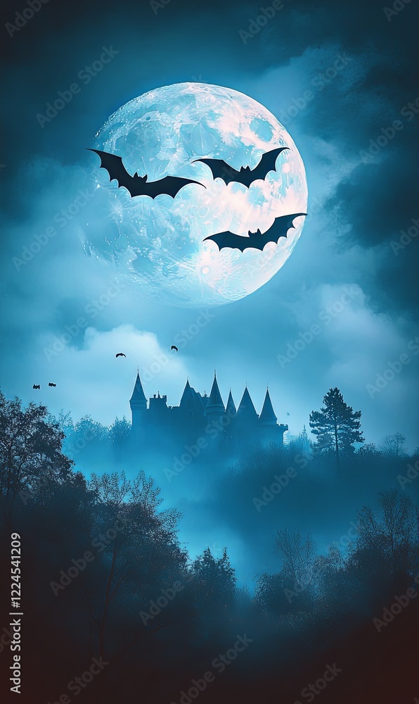 Bats fly past full moon over spooky castle in foggy forest. Halloween background Bats fly past full moon over spooky castle in foggy forest. Halloween background