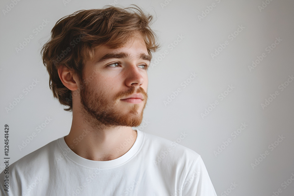 Obraz premium Young Man Pensive Gaze: A portrait of a young man with light brown, wavy hair and a reddish beard, captured in a thoughtful, pensive gaze looking to the side.