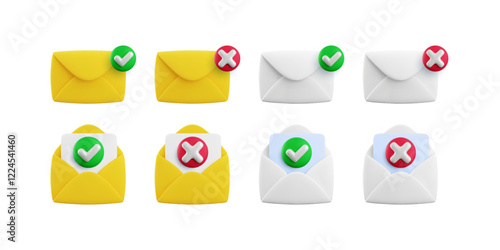 Vector cartoon 3d message checkmark icon set. 3d render approved, rejected open and closed envelope sign, yes or no document notification, checked mail, electronic mail delivery symbol collection.