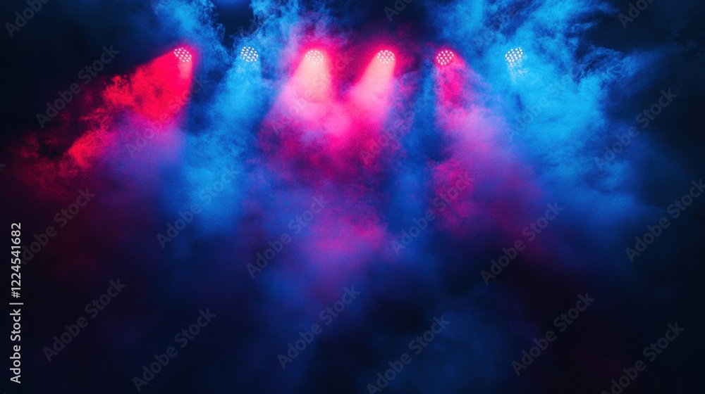 Colorful red and blue spotlights shining through misty smoke on stage Colorful red and blue spotlights shining through misty smoke on stage