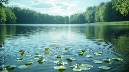 Serene lake, lily pads, green trees, tranquil scene.