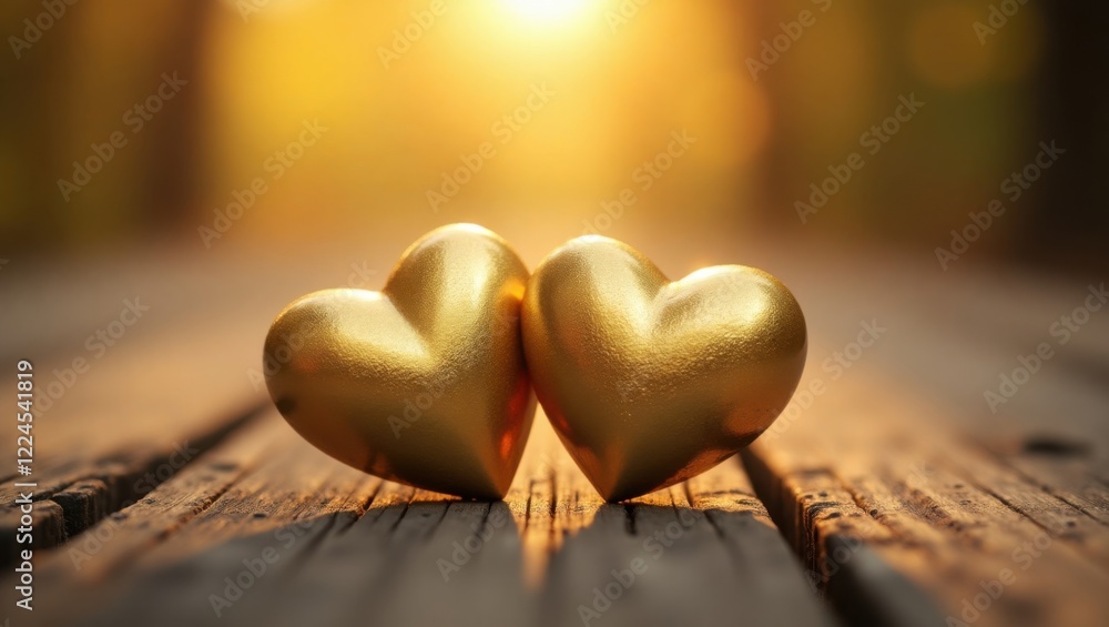 Fototapeta premium Two Golden hearts with golden background