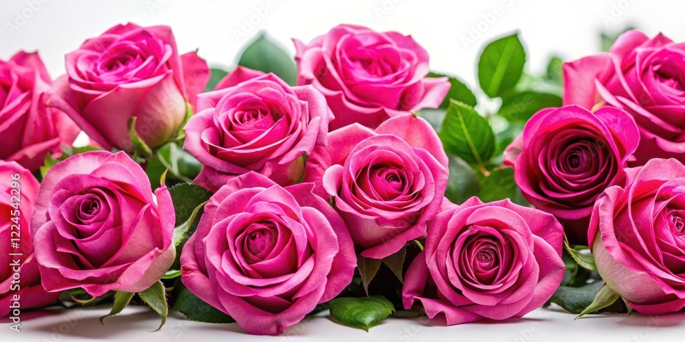 Obraz premium Vibrant pink roses in full bloom on a clean white background , white, blooms, white