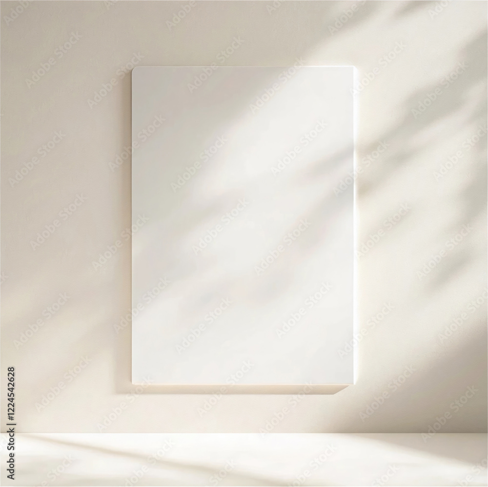 Mockup of blank vertical poster on light wall with light beautiful shadow.
