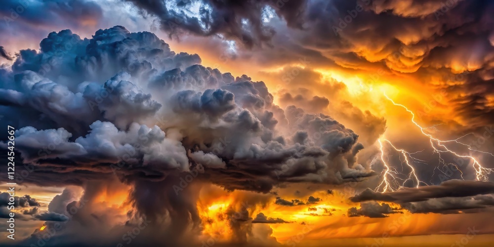 Naklejka premium Dark grey storm clouds with thick, anvil-shaped cumulus clouds and lightning bolts illuminating the sky in shades of yellow and orange at sunset , stormy weather, dark sky