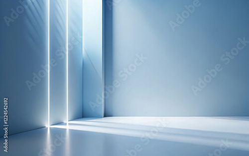 Minimalistic modern product placement background with shadow on blue smooth wall. Mockup for presentation. photo