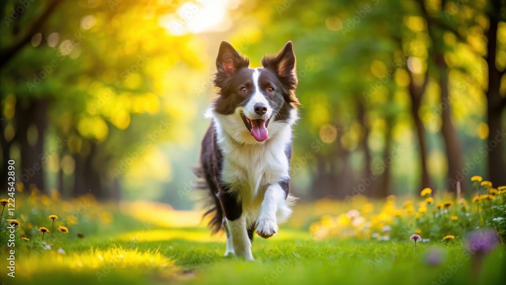 Border Collie running freely in a lush green park with trees and flowers , walking dog, happy animal, walking dog Border Collie running freely in a lush green park with trees and flowers , walking dog, happy animal, walking dog