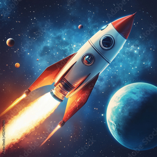 Wallpaper Mural Red white rocket zooming in space where we can see other planets blue Torontodigital.ca