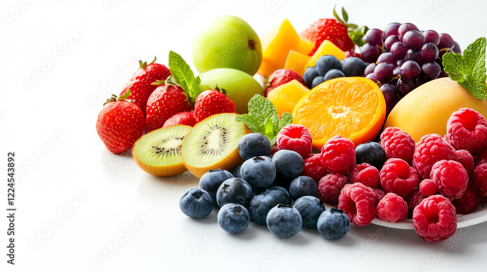 A vibrant arrangement of assorted fresh fruits including strawberries, oranges, kiwis, and blueberries on a white plate. A vibrant arrangement of assorted fresh fruits including strawberries, oranges, kiwis, and blueberries on a white plate.
