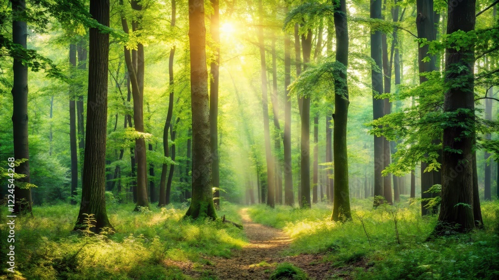 Obraz premium A serene and peaceful forest with soft light filtering through the trees creating a beautiful blurred background, greenery