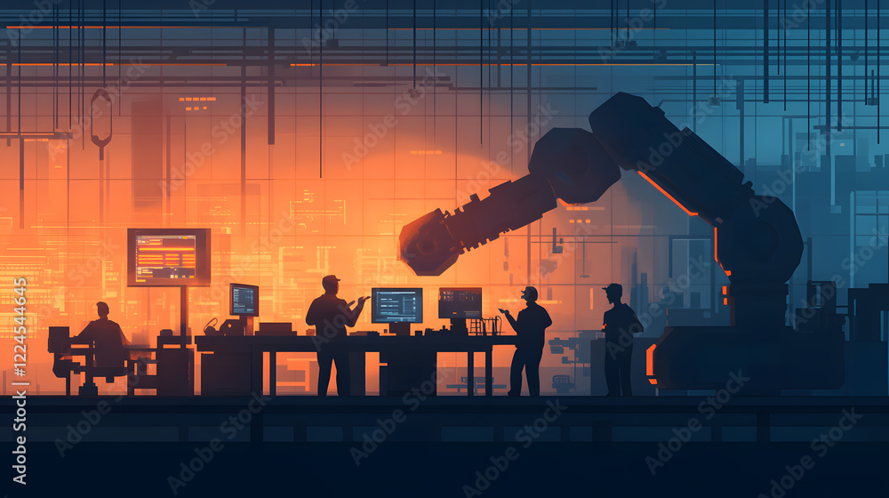 Fototapeta premium A high-energy production facility where a mechanical engineering team is coordinating operations near a large, complex machine. The workers are using advanced tools and discussing performance