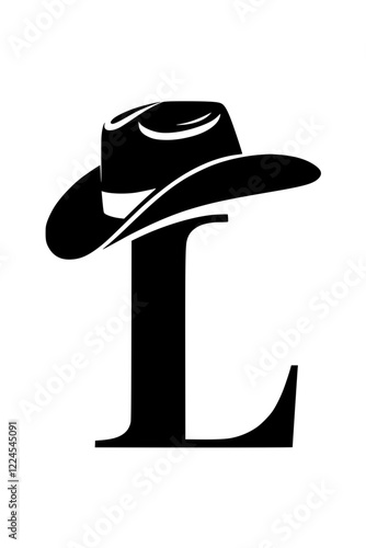 Letter L with Cowboy Hat Western Style, Black and white illustration of the letter "L" wearing a cowboy hat, representing Western culture, country themes, rodeo style, and rustic typography.  
  
