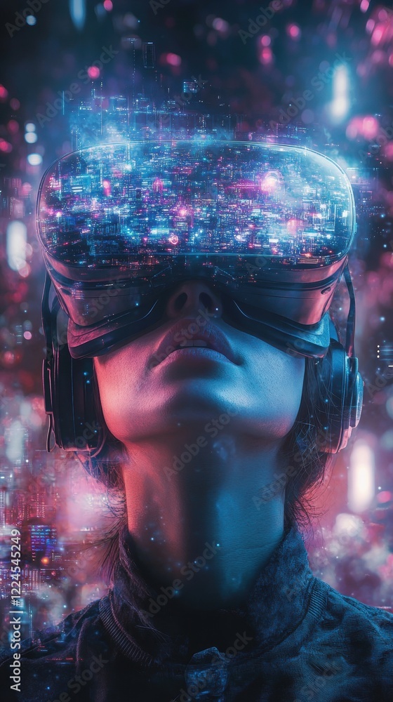 Obraz premium Futuristic virtual reality experience with neon city reflections